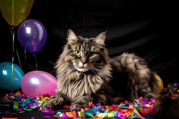 Cute cat, colorful balloons with happy birthday greetings. Black, isolated background.