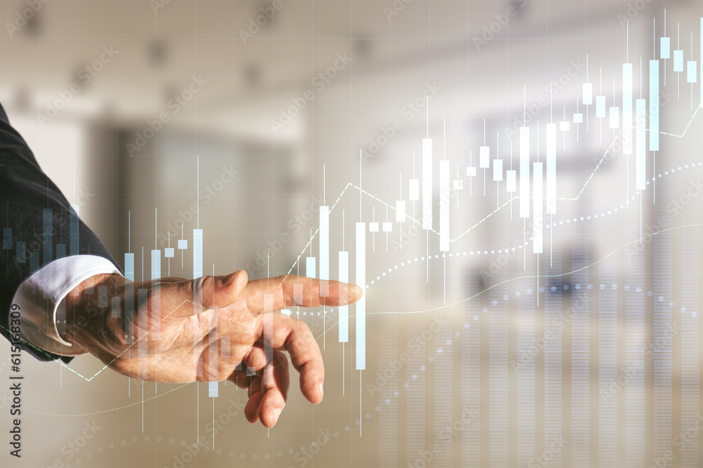 Poster man hand presses on abstract virtual financial graph on blurred office background, financial and tra