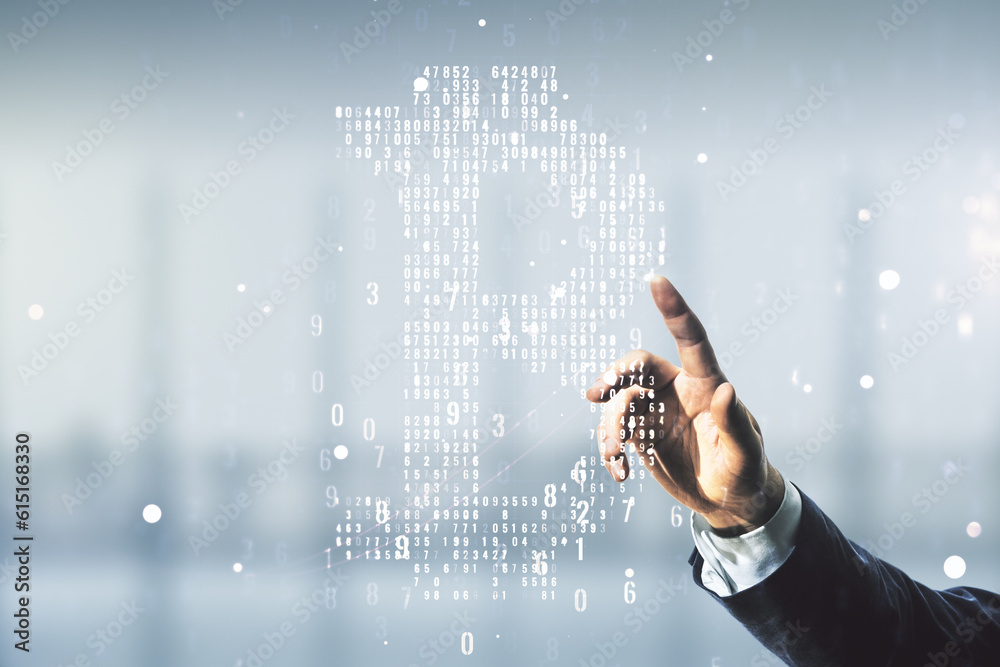 Poster man hand clicks on virtual bitcoin sketch on blurred office background. double exposure