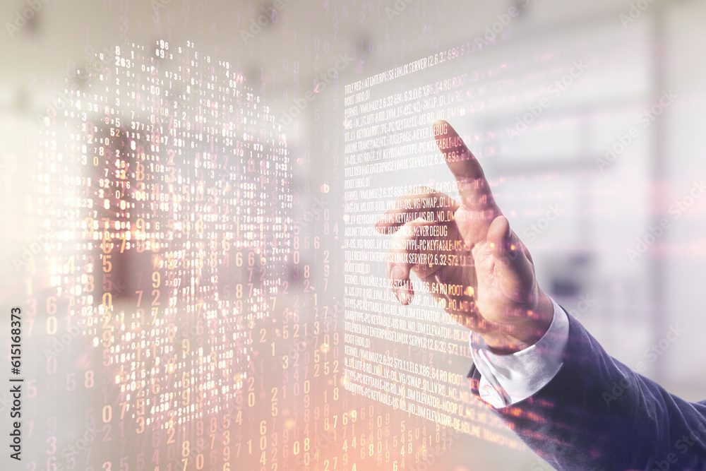 Poster man hand clicks on abstract virtual code skull hologram on blurred office background, cybercrime and