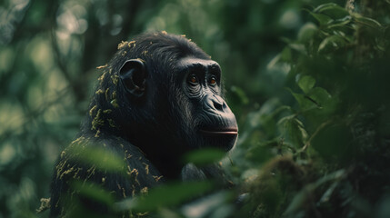 Fototapeta na wymiar Closeup of the chimpanzee in the wild forest
