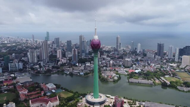 Aerial view of the main attraction, the Lotus Tower in the capital of Sri Lanka, Colombo. 
