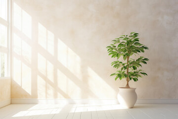 Room with sunbeams coming through the windows and an indoor plant