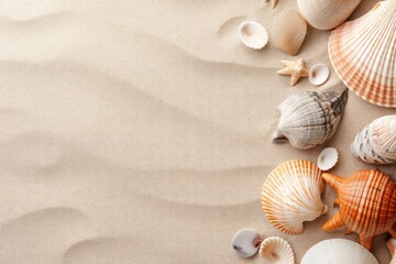 Naklejka na ściany i meble Sea shells with sand as background. Summer beach, ai generated