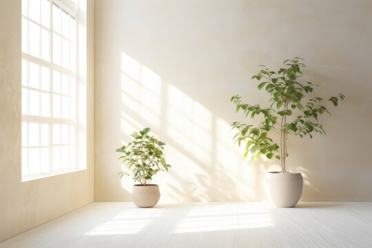 Interior background with soft cream white walls and potted plants