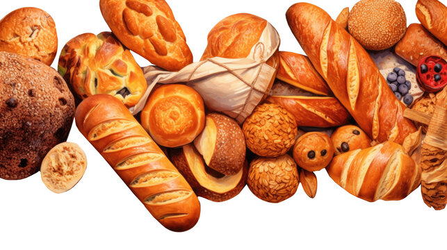 Homemade assorted of pastry,french baguette,sourdough and bread whole grains on transparent background. Generative Ai