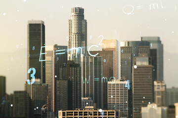 Double exposure of scientific formula hologram on Los Angeles city skyscrapers background, research and development concept