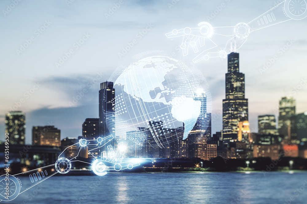 Aufkleber abstract virtual robotics technology hologram with globe sketch on chicago skyline background. robot