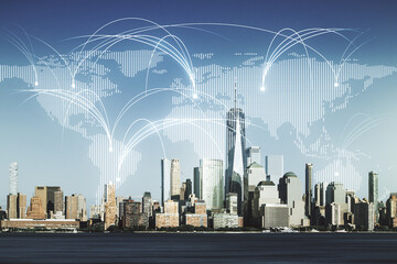 Fototapeta na wymiar Double exposure of abstract digital world map hologram with connections on New York city skyscrapers background, research and strategy concept