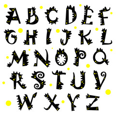 hand drawn alphabet, funny cartoon alphabet dinosaurs
