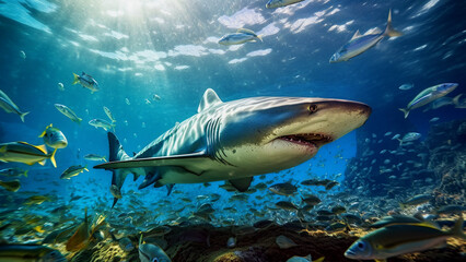 Fototapeta premium Great white shark swims underwater among small fish