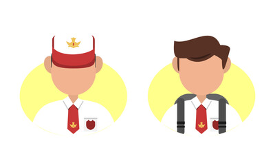 Fototapeta premium Vector illustration of half body face icon of student one of them wearing hat school and both wearing tie white uniform in round shape. Can be used for personal student photo or school information.