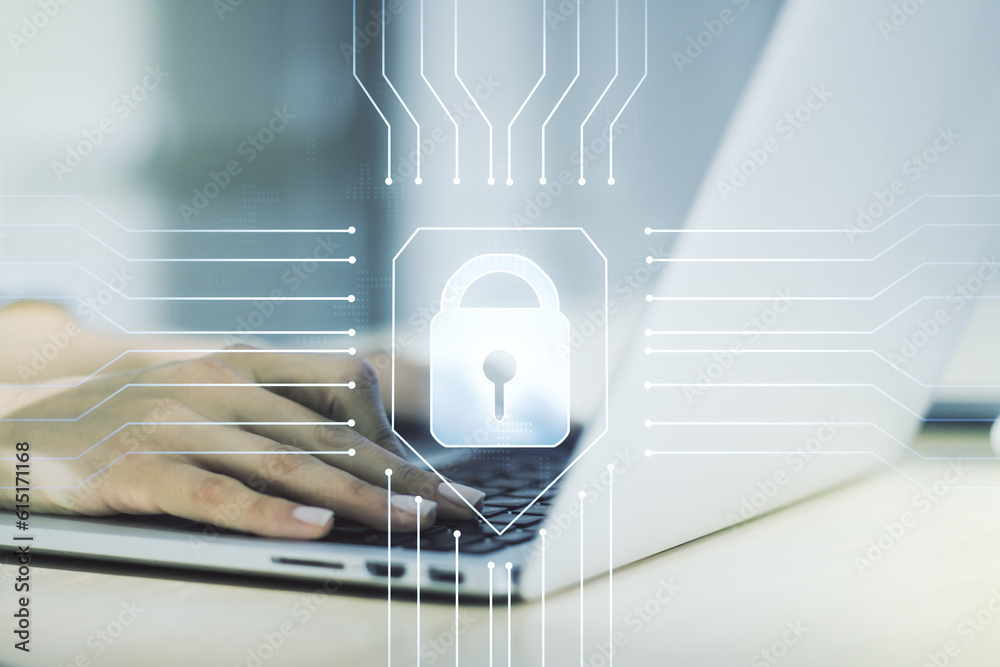Poster Creative lock illustration with microcircuit and hands typing on computer keyboard on background, cyber security concept. Multiexposure