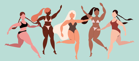 Women in lingerie, swimsuit. Body positive, love your body. Different ethnicity and skin colors women characters. Variety of poses and gestures. Trendy vector illustration for web, app.