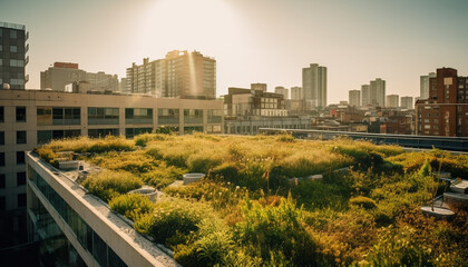 Fototapeta premium A futuristic skyscraper illuminates the city skyline at dusk generated by AI