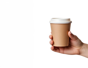 Hand holding blank empty cardboard disposable styrofoam paper cup on white background. Banner, advertisement	
