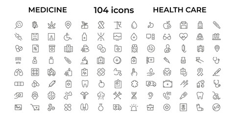 Medicine and Health care flat icons. minimal thin line web icon set. Outline icons collection