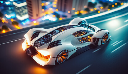 Electric sport car running on the night road in future city. generative ai
