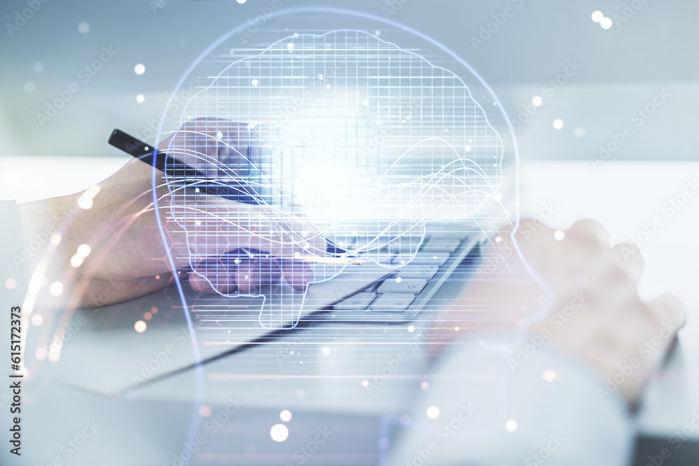 Poster double exposure of creative artificial intelligence symbol with hand writing in notebook on backgrou