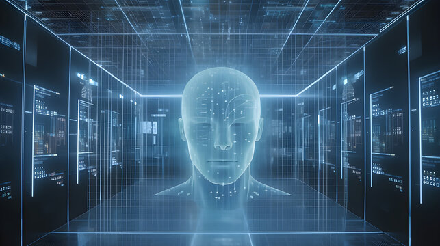  Image blue hologram human face on background data center room with network nerv technology