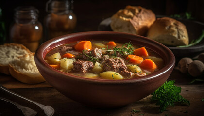A homemade beef stew with fresh vegetables and rustic bread generated by AI