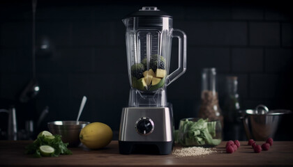 Fototapeta na wymiar Fresh organic smoothie preparation using modern kitchen appliances and ingredients generated by AI