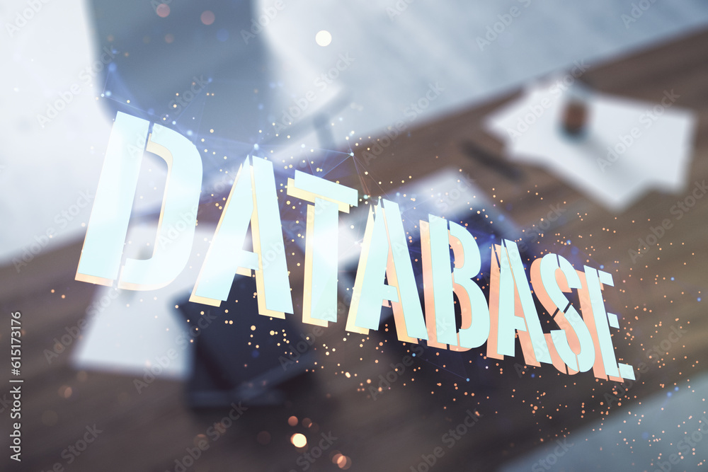 Aufkleber Double exposure of creative Database word hologram and modern desktop with laptop on background, research and development concept