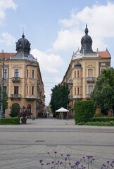 Debrecen, Hungary - Jun 18, 2023: A walking in the center of Debrecen city in northeastern Hungary in a sunny spring day. Selective focus.