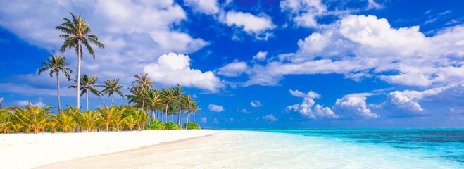 Idyllic Beach with Palm Trees at the Maldives, Indian Ocean.