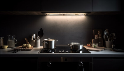 Modern kitchen utensils shine on stainless steel stove top burner generated by AI