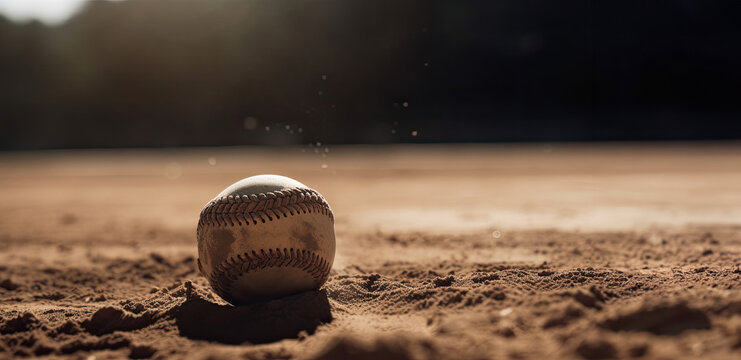 Old softball on the sand, close-up. AI generated with free space, idea for a banner
