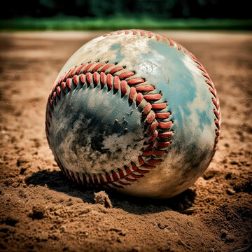 Old softball on the sand, close-up. AI generated illustration