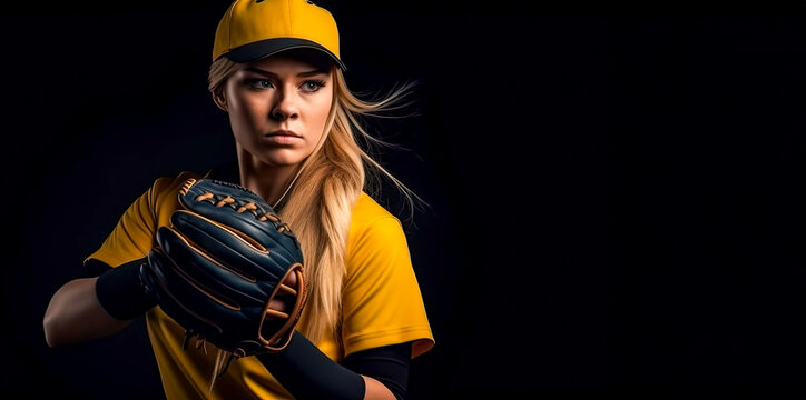 Young adult female baseball player holding a softball glove and a ball in her glove. AI generated