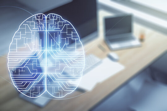 Creative artificial Intelligence concept with human brain sketch and modern desktop with pc on background. Double exposure