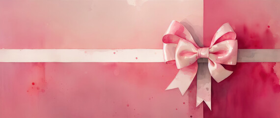 Watercolor greeting card in pink tones, bow and ribbon, invitation card design, Generative AI.