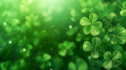 Four-leaf clovers on a vibrant green background