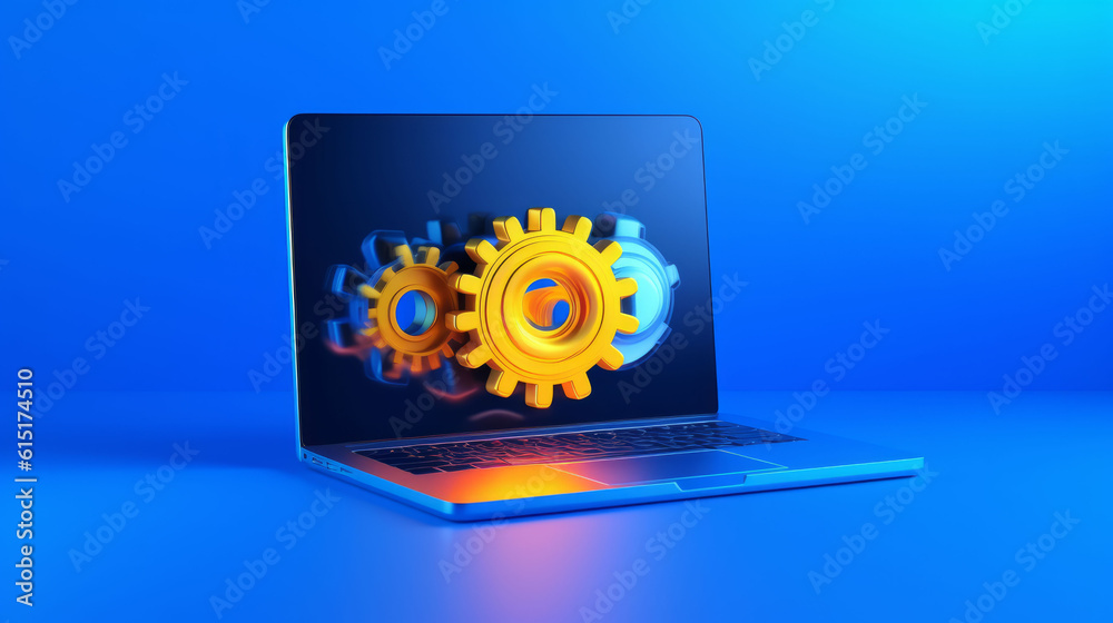 Aufkleber a laptop computer with mechanical gears on the screen
