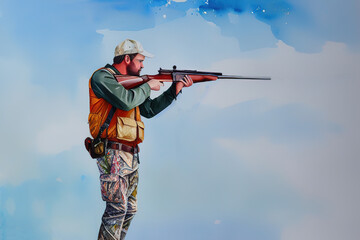 Hunter man in camouflage with a gun during the hunt in search of wild birds or game, generative ai