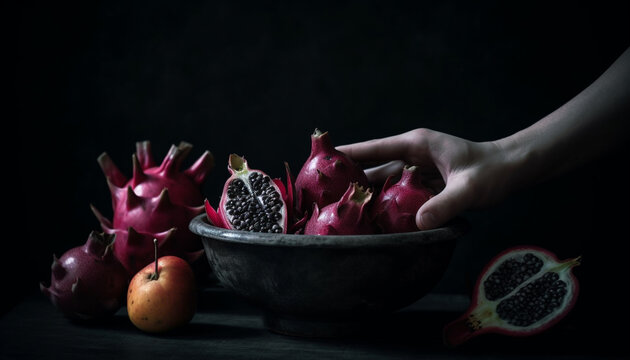 Juicy Pomegranate Slice On Wooden Bowl, A Healthy Dessert Option Generated By AI