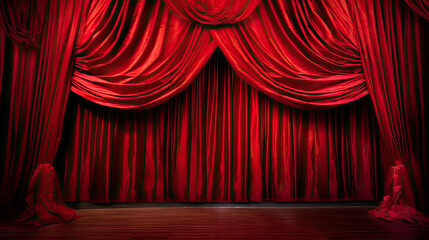 Velvet curtains and wooden stage floor