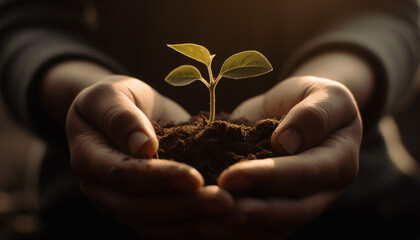 Fototapeta na wymiar life begins with a seedling held in human hands generated by AI