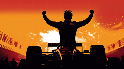 Silhouette of race car driver celebrating the win, grand prix - obrazy, fototapety, plakaty