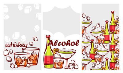 A set of vector patterns in cartoon style on the theme of alcohol and parties and lettering.