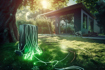electric tree, green energy, A Glimpse into Tomorrow: Futuristic Fusion of Electric Car, Green Cable Lights, and Melting Computer Parts Transforming into a Tree, Embracing Green Energy in a Beautiful 