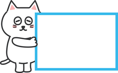 White cartoon cat informing something happily with a blank sign. Vector illustration.