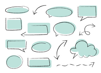 Hand drawn signs for social networks. Arrows and speech bubbles. Vector set with lines and arrows