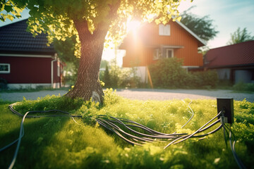 electric tree, green energy, A Glimpse into Tomorrow: Futuristic Fusion of Electric Car, Green Cable Lights, and Melting Computer Parts Transforming into a Tree, Embracing Green Energy in a Beautiful 