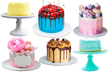 Set of bright colorful cakes isolated on white background, png. Cakes with fondant ruffles, fresh...