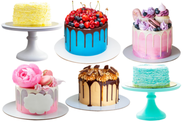 Set of bright colorful cakes isolated on white background, png. Cakes with fondant ruffles, fresh berries, chocolate, caramel