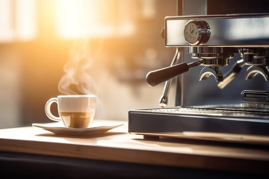 espresso machine pouring espresso, Hot Espresso on a Wooden Board, Embraced by Roastery Ambiance and Sunlit Mornings